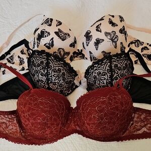 38D Bra Bundle Xhilaration Butterfly Gilligan Black Lace Holiday Red and Gold